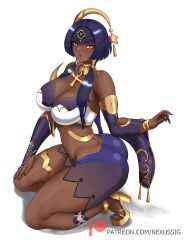 Rule 34 | 1girl, ass, bare shoulders, blue eyes, blue hair, blush, breasts, butt crack, candace (genshin impact), dark skin, egyptian, genshin impact, gold, hair ornament, heterochromia, high heels, highres, kneeling, large breasts, long hair, looking at viewer, low twintails, nexus sig, short shorts, shorts, solo, thick thighs, thighs, twintails