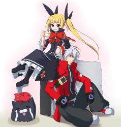 Rule 34 | 1boy, 1girl, anger vein, angry, arc system works, black pants, blazblue, blonde hair, boots, bow, cat, crying, cup, dress, closed eyes, frills, gii, gloves, gothic lolita, hair ribbon, heel-less shoes, jacket, crossed legs, lolita fashion, long hair, nago, open mouth, pants, platform footwear, rachel alucard, ragna the bloodedge, red eyes, ribbon, s-no, shoes, silver hair, sitting, slit pupils, smile, streaming tears, teacup, tears, twintails