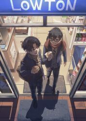 Rule 34 | 2boys, :q, absurdres, backpack, bag, baozi, black footwear, black hair, black sweater, blazer, blue eyes, blue jacket, box, can, cardigan, collared shirt, convenience store, doormat, drink can, earrings, food, freezer, from above, from outside, full body, giving, glasses, grey cardigan, grey pants, hands up, highres, holding, holding food, jacket, jewelry, long sleeves, looking back, male focus, mi (pic52pic), multiple boys, necktie, night, open mouth, original, pants, plaid, plaid pants, plaid scarf, red eyes, red scarf, scarf, school bag, school uniform, shelf, shirt, shop, short hair, snack, soda can, striped necktie, stud earrings, sweater, tongue, tongue out