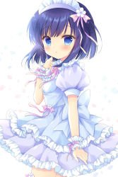 Rule 34 | 1girl, :o, apron, blue apron, blue eyes, blue hair, blush, bow, commentary request, dress, flower, frilled apron, frilled dress, frills, from side, fuiba fuyu, gochuumon wa usagi desu ka?, hair bow, hair flower, hair ornament, hand up, hasekura chiaki, looking at viewer, looking to the side, maid headdress, parted lips, petals, pink bow, pleated dress, puffy short sleeves, puffy sleeves, purple dress, short sleeves, solo, white background, white flower, wrist cuffs