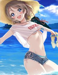 Rule 34 | 1girl, :d, bikini, bikini under clothes, blue eyes, blush, bow, breasts, brown hair, contrapposto, cowboy shot, crop top, cutoffs, denim, denim shorts, dutch angle, hat, hat bow, holding, holding shoes, love live!, love live! sunshine!!, medium breasts, navel, off-shoulder shirt, off shoulder, open mouth, sankuro (agoitei), shirt, shoes, short hair, short shorts, shorts, side-tie bikini bottom, simple background, smile, solo, straw hat, striped bikini, striped clothes, sun hat, sweat, swimsuit, swimsuit under clothes, teeth, underboob, upper teeth only, wading, watanabe you, water