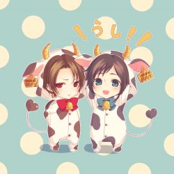 Rule 34 | !, 10s, 2boys, :d, animal costume, arms up, bell, black hair, blue bow, blue bowtie, blue eyes, blush, bow, bowtie, brown hair, chibi, cow costume, cowbell, earclip, full body, hand on own hip, heart, kashuu kiyomitsu, looking at viewer, male focus, miri (cherryjelly), multiple boys, open mouth, polka dot, polka dot background, red bow, red bowtie, red eyes, smile, standing, touken ranbu, yamato-no-kami yasusada