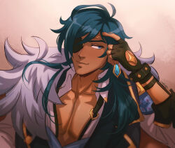 Rule 34 | 1boy, antenna hair, armband, artist name, black gloves, blue armband, blue eyes, blue hair, bracelet, brown background, chalseu, closed mouth, collarbone, collared shirt, commentary, dark-skinned male, dark skin, earrings, english commentary, eyepatch, fingerless gloves, fur trim, genshin impact, gloves, gradient background, hair between eyes, hair over shoulder, hand up, highres, jewelry, kaeya (genshin impact), long hair, long sleeves, looking at viewer, low ponytail, male focus, multicolored hair, one eye covered, open clothes, open shirt, parted bangs, pectoral cleavage, pectorals, ponytail, shirt, sidelocks, simple background, single earring, sleeves rolled up, smile, solo, star-shaped pupils, star (symbol), streaked hair, studded bracelet, swept bangs, symbol-shaped pupils, upper body, white shirt