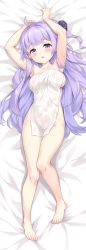 Rule 34 | 1girl, ahoge, armpits, arms up, azur lane, bed sheet, blush, breasts, collarbone, covering privates, dakimakura (medium), full body, highres, long hair, looking at viewer, lying, medium breasts, naked towel, nude, nude cover, on back, oppai loli, parted lips, purple eyes, purple hair, solo, sweat, towel, unicorn (azur lane), wet, yamasan