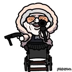 Rule 34 | 1girl, animated, animated gif, dual wielding, gun, holding, lowres, old, old woman, open mouth, seseren, shotgun, sunglasses, weapon, wheelchair