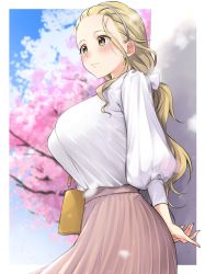 Rule 34 | 1girl, arms behind back, bag, blonde hair, blue sky, blush, bow, breasts, cherry blossoms, closed mouth, commentary request, earrings, falling petals, from below, girls und panzer, hair bow, hairband, handbag, highres, jewelry, large breasts, long hair, long skirt, low-tied long hair, original, outdoors, petals, pink skirt, sasaki akebi, shirt, single sidelock, skirt, sky, standing, tarou (komekueyo), white hairband, white shirt, yellow eyes