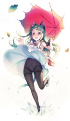 Rule 34 | 1girl, animal ears, black pantyhose, blunt bangs, blush, bow, bow panties, cat ears, cat tail, clothes lift, dress, dress lift, embarrassed, footwear bow, green eyes, green hair, hands up, highres, holding, holding umbrella, jpeg artifacts, leaf, leg lift, long hair, nose blush, open mouth, original, panties, panties under pantyhose, pantyhose, riv (rivleaf), shoes, simple background, solo, splashing, standing, standing on one leg, tail, tears, thighband pantyhose, umbrella, underwear, water, white background, white bow, white dress, white footwear, wind, wind lift