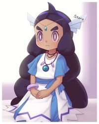 Rule 34 | 1girl, blue dress, border, bracelet, bright pupils, closed mouth, collarbone, commentary request, cowlick, creatures (company), dark-skinned female, dark skin, dress, frown, game freak, gazing eye, hairband, hapu (pokemon), highres, jewelry, long hair, necklace, nintendo, own hands together, pokemon, pokemon (anime), pokemon sm (anime), purple eyes, purple hair, short sleeves, sitting, twintails, white border, white pupils