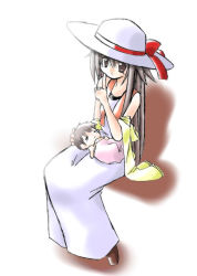 Rule 34 | 1boy, 1girl, aged up, baby, brown eyes, brown hair, creatures (company), dress, game freak, green (pokemon), hat, long hair, mother and son, nintendo, pokemon, rascal (feuille), shoes, sitting, smile, very long hair