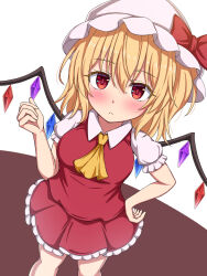 Rule 34 | 1girl, :&lt;, ascot, blonde hair, blush, bow, brown background, closed mouth, collared shirt, commentary request, cowboy shot, crystal wings, eyes visible through hair, flandre scarlet, frilled skirt, frilled sleeves, frills, hair between eyes, hand on own hip, hand up, hat, hat bow, highres, looking at viewer, medium hair, mob cap, partial commentary, puffy short sleeves, puffy sleeves, red bow, red eyes, red skirt, red vest, rimasu71, shirt, short sleeves, simple background, skirt, solo, split mouth, standing, touhou, vest, white background, white hat, white shirt, wings, yellow ascot