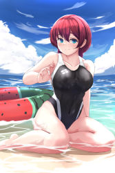 Rule 34 | 1girl, beach, black one-piece swimsuit, blue eyes, blue sky, braid, breasts, butter curry, cloud, commentary request, competition swimsuit, covered navel, day, emma verde, food, fruit, highleg, highleg swimsuit, highres, horizon, innertube, large breasts, long hair, love live!, low twintails, ocean, one-piece swimsuit, outdoors, partially submerged, red hair, sitting, sky, solo, swim ring, swimsuit, thighs, twin braids, twintails, wariza, water, watermelon
