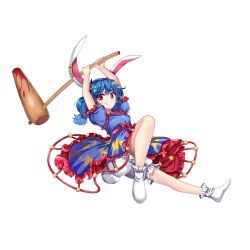 Rule 34 | 1girl, ambiguous red liquid, animal ears, bloomers, blue dress, blue hair, closed mouth, crescent print, dress, earclip, full body, game cg, highres, holding, kine, looking at viewer, low twintails, mallet, rabbit ears, rabbit girl, red eyes, rotte (1109), seiran (touhou), short sleeves, simple background, smile, socks, solo, star (symbol), star print, third-party source, touhou, touhou lostword, twintails, underwear, white background, white footwear, white socks