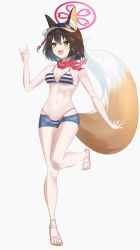 Rule 34 | 1girl, absurdres, animal ear fluff, animal ears, bad id, bad pixiv id, bare shoulders, bikini, blue archive, blush, brown hair, fox ears, fox tail, full body, groin, halo, highres, izuna (blue archive), izuna (swimsuit) (blue archive), looking at viewer, lowleg, m/, navel, renge (730), sandals, scarf, short hair, shorts, simple background, solo, striped bikini, striped clothes, swimsuit, tail, white background, yellow eyes