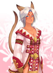 Rule 34 | 00s, 1girl, animal ears, blue eyes, breasts, cat ears, cat girl, cat tail, cleavage, collarbone, facial mark, final fantasy, final fantasy xi, gloves, lips, looking at viewer, mithra (ff11), short hair, silver hair, simple background, solo, tail, takatsuki kahiro, tan, white background, white mage (final fantasy)