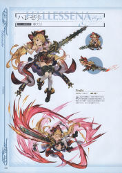 Rule 34 | 10s, 1girl, absurdres, ankle boots, bare shoulders, black footwear, blonde hair, blue eyes, boots, breasts, chainsaw, chainsword, character name, chibi, crazy eyes, crazy smile, cross-laced footwear, draph, empty eyes, full body, granblue fantasy, grin, hair ornament, hairclip, hallessena, hat, highres, holding, horns, knees together feet apart, lace-up boots, long hair, looking at viewer, low twintails, medium breasts, minaba hideo, miniskirt, multiple views, non-web source, official art, over-kneehighs, plaid, plaid skirt, pointy ears, red skirt, scan, simple background, skirt, smile, thighhighs, twintails, underboob, underbust, uneven eyes, white thighhighs, zettai ryouiki