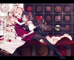 Rule 34 | 2girls, bitter sweet (fate/grand order), black dress, black footwear, black legwear, blonde hair, box, box of chocolates, bracelet, bug, butterfly, chocolate, cross, cross necklace, cup, cupcake, dress, earrings, ereshkigal (bitter sweet) (fate), ereshkigal (fate), fate/grand order, fate (series), flower, food, hair flower, hair ornament, high heels, highres, insect, ishtar (bitter sweet) (fate), ishtar (fate), jewelry, long hair, looking at viewer, multiple girls, necklace, open mouth, pantyhose, parted bangs, picture frame, red dress, red eyes, red flower, red rose, rose, sandwich, satsuki (miicat), sitting, sleeveless, sleeveless dress, teacup, teapot, two side up, valentine, white footwear