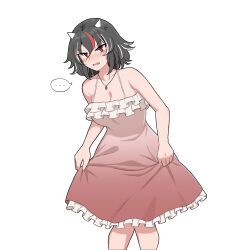 Rule 34 | ..., 1girl, absurdres, alternate costume, anger vein, black hair, breasts, cleavage, dress, embarrassed, frilled dress, frills, highres, holding, holding clothes, holding dress, horns, jewelry, kijin seija, mata (matasoup), medium breasts, necklace, pink dress, red eyes, short hair, sleeveless, solo, speech bubble, touhou, white background, white horns