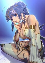 Rule 34 | 1girl, arm support, au ra, bare shoulders, black hair, blue eyes, breasts, circlet, commission, detached sleeves, dragon horns, dragon tail, final fantasy, final fantasy xiv, highres, horns, jewelry, kionaoki, long hair, looking at viewer, medium breasts, necklace, ponytail, scales, sitting, solo, tail, warrior of light (ff14)