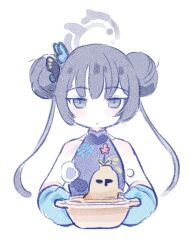 Rule 34 | 1girl, blue archive, blush, butterfly hair ornament, carrot, china dress, chinese clothes, cooking pot, cropped torso, double bun, dress, ekoru, expressionless, food, grey eyes, grey hair, hair bun, hair ornament, halo, kisaki (blue archive), looking at viewer, oven mitts, sketch, solo, twintails