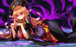 Rule 34 | 1girl, aura, black dress, black hat, blonde hair, breasts, chinese clothes, closed mouth, curly hair, curvy, dress, earrings, eyelashes, hat, highres, jewelry, junko (touhou), large breasts, lips, long hair, long sleeves, looking at viewer, nail polish, pointy ears, purple nails, raptor7, red eyes, reflection, ribbon, smile, solo, tabard, tassel, touhou, very long hair, wide hips, wide sleeves, yellow ribbon