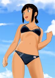 Rule 34 | 10s, 1girl, :d, alternate costume, bad id, bad pixiv id, bikini, black eyes, black hair, cowboy shot, day, from below, fubuki (kancolle), gradient background, kantai collection, looking away, navel, ojipon, open mouth, scrunchie, short ponytail, sky, smile, solo, swimsuit