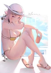 Rule 34 | 1girl, absurdres, artistic error, asla yu, bad anatomy, bare shoulders, bikini, black choker, black ribbon, braid, breasts, can, chaldea lifesavers, choker, cleavage, collarbone, commentary request, drink can, fate/grand order, fate (series), florence nightingale (chaldea lifesavers) (fate), florence nightingale (fate), folded ponytail, full body, hair ribbon, halterneck, hat, highres, holding, holding can, large breasts, long hair, looking at viewer, md5 mismatch, multi-strapped bikini, navel, parted lips, pink hair, red eyes, resolution mismatch, ribbon, sandals, side-tie bikini bottom, sideboob, sidelocks, signature, single braid, sitting, smile, soda can, solo, stomach, sun hat, sweat, swimsuit, toes, very long hair, white hat, wide hips, wrong foot, yellow bikini