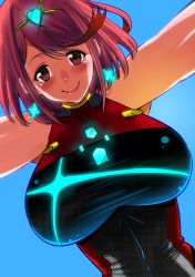 Rule 34 | 1girl, blue sky, blush, breasts, competition swimsuit, day, earrings, glowing, huge breasts, jewelry, looking at viewer, nintendo, one-piece swimsuit, outstretched arms, perepere-kun, pyra (xenoblade), red eyes, red hair, sky, smile, solo, spread arms, swept bangs, swimsuit, tiara, upper body, xenoblade chronicles (series), xenoblade chronicles 2