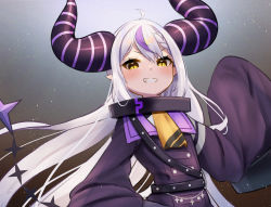 Rule 34 | 1girl, ahoge, ascot, blush, collar, commentary, grin, highres, hololive, holox, horns, jacket, la+ darknesss, la+ darknesss (1st costume), light particles, long hair, long sleeves, looking at viewer, metal collar, multicolored hair, ootsuka you, purple hair, purple jacket, silver hair, sleeves past fingers, sleeves past wrists, smile, solo, streaked hair, striped horns, tail, teeth, upper body, upper teeth only, very long hair, virtual youtuber, yellow ascot, yellow eyes