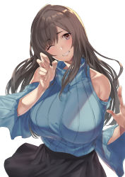 Rule 34 | 1girl, blush, breasts, brown eyes, brown hair, clothing cutout, grin, highres, hotate-chan, idolmaster, idolmaster shiny colors, large breasts, long hair, long sleeves, looking at viewer, shoulder cutout, simple background, smile, solo, swept bangs, tsukioka kogane, white background