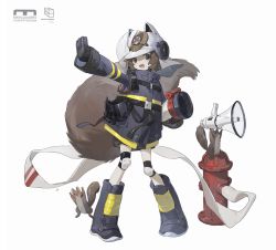Rule 34 | 1girl, animal ears helmet, arknights, black footwear, black gloves, black jacket, black shorts, boots, brown hair, chuckdaidai, english text, fire hydrant, firefighter, firefighter jacket, gloves, grey eyes, highres, holding, hose, jacket, knee guards, logo, long sleeves, looking at viewer, open mouth, outstretched arm, radio, shaw (arknights), short hair, shorts, solo, speaker, squirrel, squirrel girl, squirrel tail, symbol-only commentary, tail, teeth, upper teeth only, white background