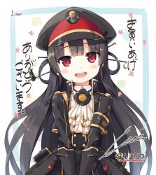 Rule 34 | 1girl, :d, absurdres, artist name, bad id, bad twitter id, black hair, black hat, black jacket, black skirt, blush, circle name, cura, hachiroku (maitetsu), hair ornament, hair rings, hat, head tilt, highres, jacket, long hair, long sleeves, looking at viewer, maitetsu, open clothes, open jacket, open mouth, peaked cap, red eyes, shirt, signature, skirt, smile, solo, teeth, translation request, upper teeth only, v arms, very long hair, white shirt