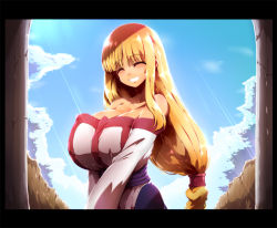 Rule 34 | 1girl, arc the lad, arc the lad ii, bare shoulders, blonde hair, breasts, cleavage, closed eyes, grin, happy, huge breasts, lieza (arc the lad), long hair, looking at viewer, smile, solo, sunlight, tokyo (great akuta)