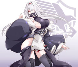 Rule 34 | 1girl, anchor symbol, azur lane, bare shoulders, belt, black panties, boots, breasts, coat, colorado (azur lane), covered mouth, cowboy shot, cross-laced footwear, detached sleeves, dress, gradient background, grey background, gudon (iukhzl), hair over one eye, hairband, lace-up boots, large breasts, logo, long hair, long sleeves, looking at viewer, panties, red eyes, sideboob, sleeveless, sleeveless dress, solo, standing, thigh boots, thighhighs, underwear, white background, white hair, wide sleeves