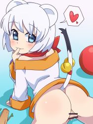 Rule 34 | 1girl, artist request, ass, bare shoulders, blue eyes, blush, bottomless, censored, cleft of venus, from behind, looking back, medium hair, popotan, pussy, smile, solo, tail, unagi (popotan), white hair