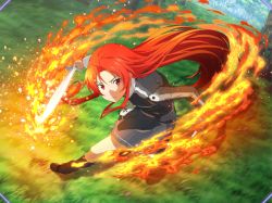 Rule 34 | 1girl, black socks, brown footwear, closed mouth, fire, floating hair, frown, full body, game cg, grass, grey shirt, grey skirt, hair intakes, holding, holding sword, holding weapon, kneehighs, long hair, long sleeves, looking at viewer, miniskirt, pleated skirt, red eyes, red hair, shirt, skirt, socks, solo, straight hair, sword, sword art online, sword art online: alicization rising steel, tiese schtrinen, very long hair, weapon