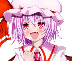 Rule 34 | 1girl, bat wings, brooch, clenched hand, fang, female focus, hat, hat ribbon, highres, jewelry, light purple hair, looking at viewer, misumo, mob cap, open mouth, red eyes, remilia scarlet, ribbon, short hair, simple background, slit pupils, solo, touhou, upper body, white background, wings