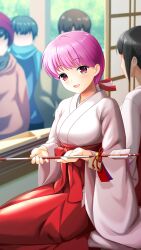 Rule 34 | 2boys, 2girls, :d, arrow (projectile), blush, doukyuusei, doukyuusei another world, game cg, hair ribbon, hakama, hamaya, japanese clothes, kimono, long hair, long sleeves, looking at viewer, low ponytail, miko, multiple boys, multiple girls, open mouth, pink hair, red eyes, red hakama, red ribbon, ribbon, sakuragi mai, sitting, smile, socks, solo focus, white kimono, white ribbon, white socks, wide sleeves