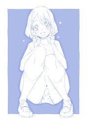 Rule 34 | 1girl, :d, blue theme, blush, commentary request, crotch seam, double v, hair ornament, hairclip, hanadera nodoka, healin&#039; good precure, highres, loafers, looking at viewer, miyagoe yoshitsuki, monochrome, nipples, open mouth, outside border, panties, photoshop (medium), precure, print panties, shoes, short hair, smile, socks, solo, spot color, squatting, swept bangs, topless, underwear, underwear only, v