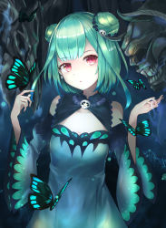 Rule 34 | 1girl, bug, butterfly, demon, detached sleeves, double bun, dress, earrings, frilled dress, frills, gradient hair, green hair, hair bun, hair ornament, highres, hololive, insect, jewelry, kie (yospcd), multicolored hair, open mouth, red eyes, skull earrings, skull hair ornament, solo, upper body, uruha rushia, uruha rushia (1st costume), virtual youtuber