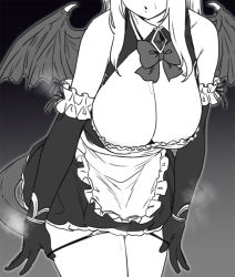 Rule 34 | 1girl, apron, areola slip, areolae, bare shoulders, bow, breasts, brooch, bustier, cattleya (houtengeki), cleavage, collared dress, demon girl, demon tail, demon wings, elbow gloves, frilled gloves, frills, gloves, gradient, gradient background, grey background, greyscale, head out of frame, houtengeki, huge breasts, jewelry, lace, lace trim, leaning, leaning forward, long hair, maid, monochrome, original, panties, panty pull, parted lips, pulled by self, ribbon, solo, steam, string panties, sweat, tail, underbust, underwear, undressing, waist apron, white background, wings