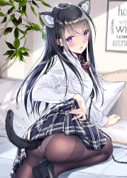Rule 34 | 1girl, animal ear fluff, animal ears, bad id, bad pixiv id, bed, black footwear, black hair, black pantyhose, blush, breasts, cat ears, cat tail, checkered clothes, checkered skirt, clothes lift, collar, commentary request, hair between eyes, hair ornament, hairclip, highres, indoors, knee up, kobayashi chisato, long hair, long sleeves, looking at viewer, looking back, medium breasts, open mouth, original, panties, panties under pantyhose, pantyhose, pillow, purple eyes, resolution mismatch, school uniform, self-portrait, shirt, sidelocks, skirt, skirt lift, solo, source smaller, tail, thighband pantyhose, underwear, white shirt
