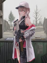 Rule 34 | 1girl, :o, absurdres, aqua eyes, ar-57, ar-57 (girls&#039; frontline), assault rifle, black gloves, black tank top, blonde hair, bullet, carbine, clothes pull, crop top, eye piercing, feet out of frame, fingerless gloves, girls&#039; frontline, gloves, gun, hair between eyes, highres, holding, holding gun, holding weapon, jacket, jacket pull, lithographica, long hair, looking at viewer, off shoulder, open clothes, open jacket, open mouth, personal defense weapon, pink shorts, pistol-caliber carbine, revision, rifle, scenery, shorts, solo, standing, submachine gun, tank top, tree, weapon, white headwear, white jacket