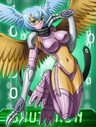 Rule 34 | 00s, 1girl, aqua eyes, aqua hair, blue hair, breasts, claws, curvy, digimon, digimon (creature), digimon collectors, elbow gloves, eyelashes, feathers, female focus, gauntlets, gloves, harpy, head wings, high collar, highleg, highleg panties, large breasts, lowres, mask, midriff, monster girl, navel, official art, panties, revealing clothes, shiny skin, short hair, shutumon, solo, tail, talons, thighhighs, thong, underwear, wide hips, wings
