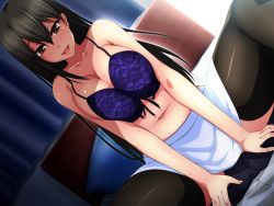 Rule 34 | 1girl, ayasaki ryouko, bare shoulders, bed, black eyes, black hair, bra, breasts squeezed together, breasts, cleavage, dieselmine, earrings, game cg, girl on top, huge breasts, jewelry, legs, long hair, looking down, lying, mou yurushite! shasei kanri oneesan, nakajou, navel, open mouth, pillow, sitting, sitting on person, skirt, smile, sweat, thighhighs, thighs, underwear