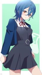 Rule 34 | blue hair, blue jacket, breasts, commentary request, dot nose, dress, green background, grey dress, hair between eyes, highres, jacket, light blush, long sleeves, looking at viewer, love live!, love live! superstar!!, medium breasts, neck ribbon, open clothes, open jacket, parted lips, pukonuu, red eyes, red ribbon, ribbon, school uniform, shirt, short hair, signature, solo, thighs, wakana shiki, white shirt, wing collar, yuigaoka school uniform