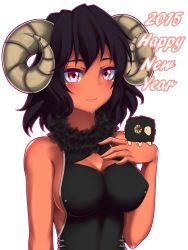 Rule 34 | 1girl, 2015, absurdres, animal ears, bare shoulders, black hair, blush, breasts, cleavage cutout, closed mouth, clothing cutout, covered erect nipples, dark-skinned female, dark skin, fur trim, hand on own chest, happy new year, highres, horns, kuroleo, looking at viewer, medium breasts, new year, original, pink eyes, sheep, sheep ears, sheep girl, sheep horns, short hair, simple background, sleeveless, smile, solo, upper body, white background