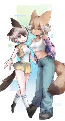 Rule 34 | 2girls, ;d, alternate costume, animal ears, baggy pants, bare arms, bare legs, bare shoulders, belt, bird girl, bird tail, bird wings, brown eyes, brown hair, cardigan, choker, commentary request, coyote (kemono friends), dark-skinned female, dark skin, earrings, full body, greater roadrunner (kemono friends), grey hair, hair between eyes, head wings, height difference, highres, inu (user arjr4358), jewelry, kemono friends, leaning to the side, long sleeves, looking at viewer, microskirt, midriff, multicolored hair, multiple girls, navel, off shoulder, one eye closed, open cardigan, open clothes, open mouth, open vest, outstretched arm, pants, partial commentary, pocket, salute, shirt, shoes, short hair, skirt, smile, socks, spoken emoji, standing, stomach, tail, tank top, two-finger salute, two-tone hair, vest, walking, wings, yellow eyes