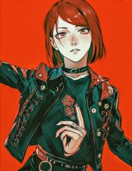 Rule 34 | 1girl, belt, belt collar, black belt, black collar, black jacket, black pants, black shirt, blush, brown hair, choker, collar, goth fashion, hand up, highres, jacket, jujutsu kaisen, kugisaki nobara, leather, leather jacket, looking ahead, looking at viewer, open clothes, open jacket, pants, parted lips, print shirt, red background, red eyes, shirt, shirt tucked in, si (si12o2), simple background, solo, teeth, upper body