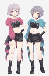 Rule 34 | 2girls, arm at side, arm behind back, black choker, black footwear, black gloves, black shorts, blue shirt, blush, bob cut, boots, choker, closed mouth, collarbone, dot nose, elbow gloves, full body, gloves, grey background, grey hair, hair ornament, hand on own hip, hand on own leg, highres, idoly pride, igawa aoi, kanzaki rio, legs apart, looking at viewer, multiple girls, navel, plum (arch), puffy short sleeves, puffy sleeves, purple eyes, red shirt, shirt, short hair, short sleeves, shorts, side-by-side, sidelocks, simple background, single elbow glove, smile, stomach, thighs, yellow eyes