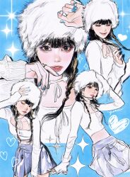 Rule 34 | 1girl, absurdres, antifragile (le sserafim), black hair, blonde hair, blue background, blue nails, blue skirt, braid, breasts, collarbone, cropped shirt, earpiece, fingerless gloves, fur hat, gloves, hand on own head, hat, heart, highres, k-pop, kim chae-won, le sserafim, long hair, long sleeves, looking at viewer, medium breasts, multicolored hair, multiple views, nail polish, one eye closed, papakha, parted lips, pleated skirt, real life, signature, skirt, sleeves past wrists, smile, sparkle, streaked hair, twin braids, white gloves, white headwear, yohii863